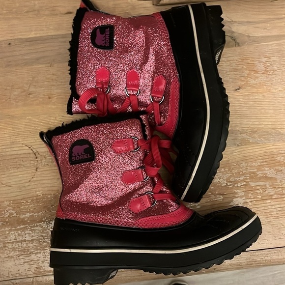 Sorel Tivoli Snowboots Pink Glitter Size 4 Faux Fur Lace Up - Picture 7 of 9